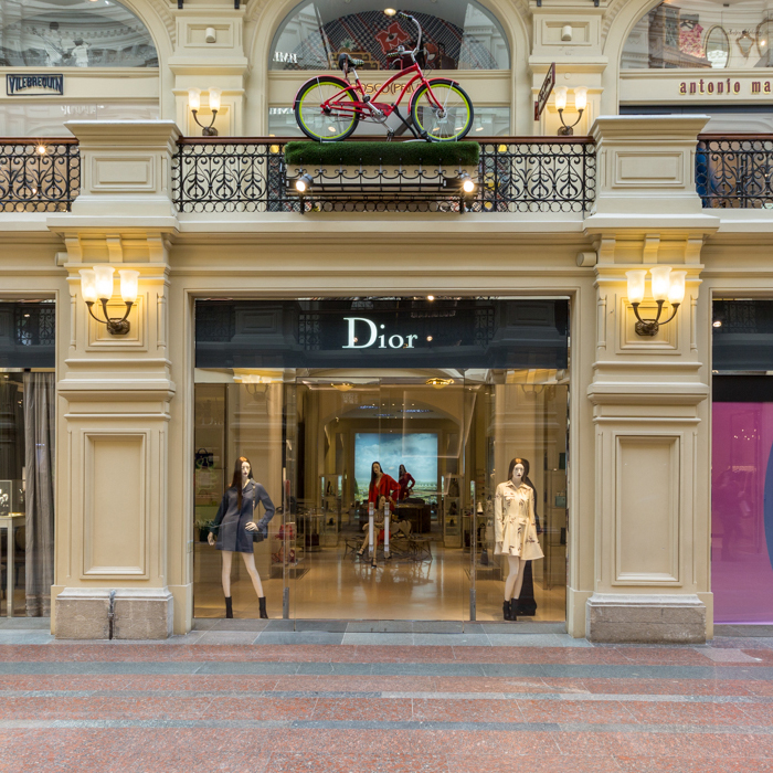 Moscow, Russia. 8th of March, 2022 A closed DIOR shop at the TsUM  Department Store in central Moscow. Stores of the luxury chains Gucci,  Prada, Louis Vuitton, Dior, David Yurman, Patek Philippe